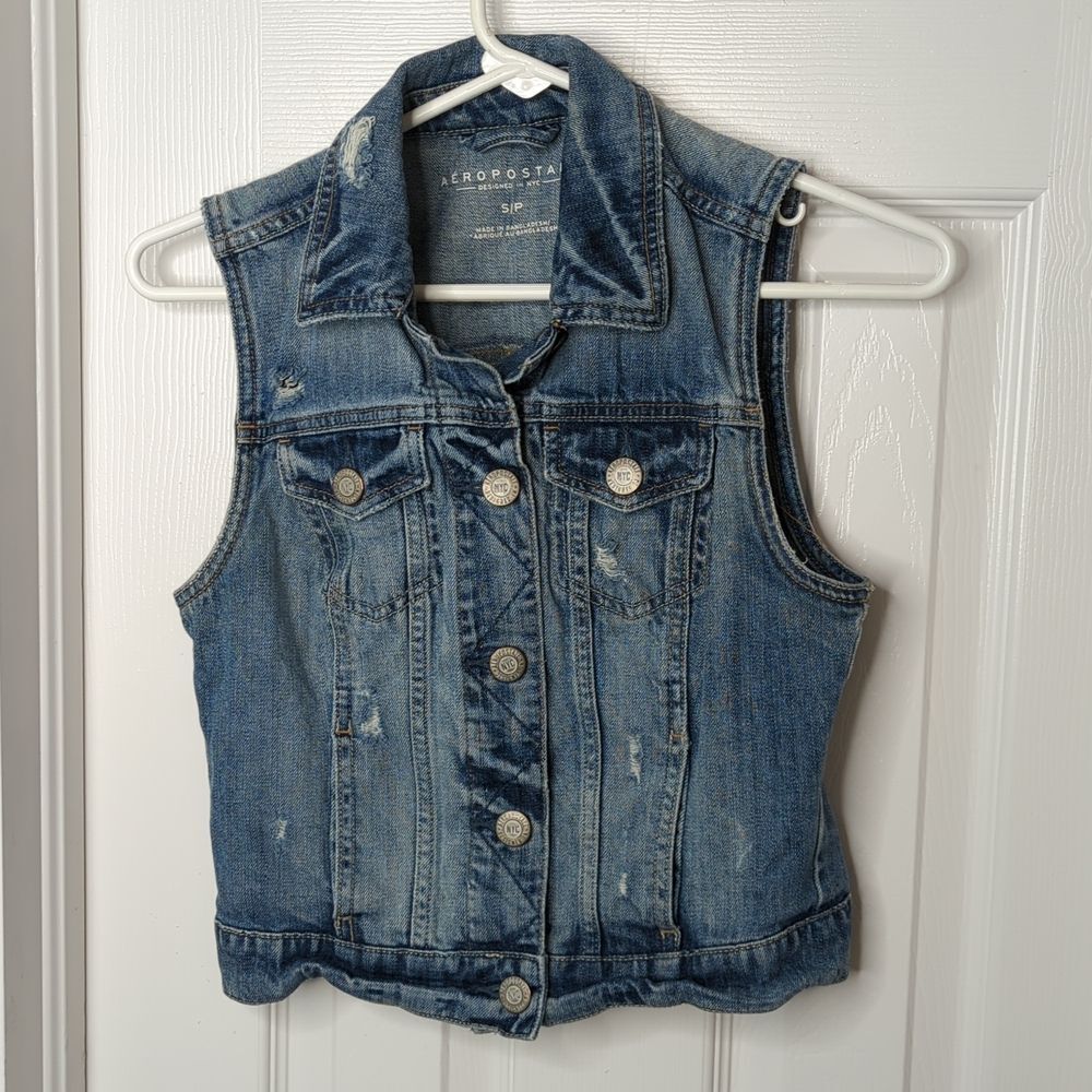 Aeropostale 100% Cotton Distressed Denim Jean Vest Blue Size S